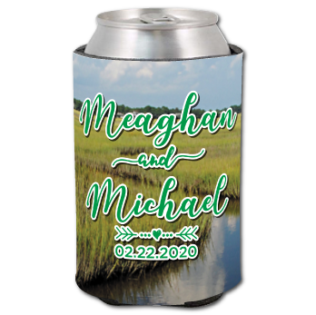 Full-color foam cooler with names, a date and a photographic background