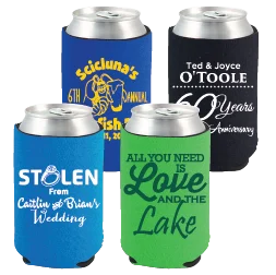 Personalized can coolers with celebration artwork