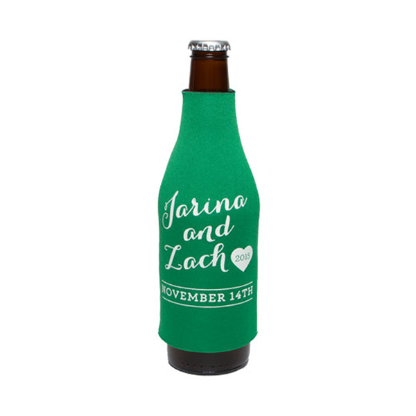 Green slip-on foam bottle cooler personalized with white wedding artwork