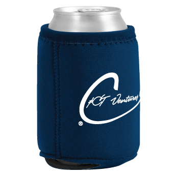 Navy Freezable cooler with a white logo