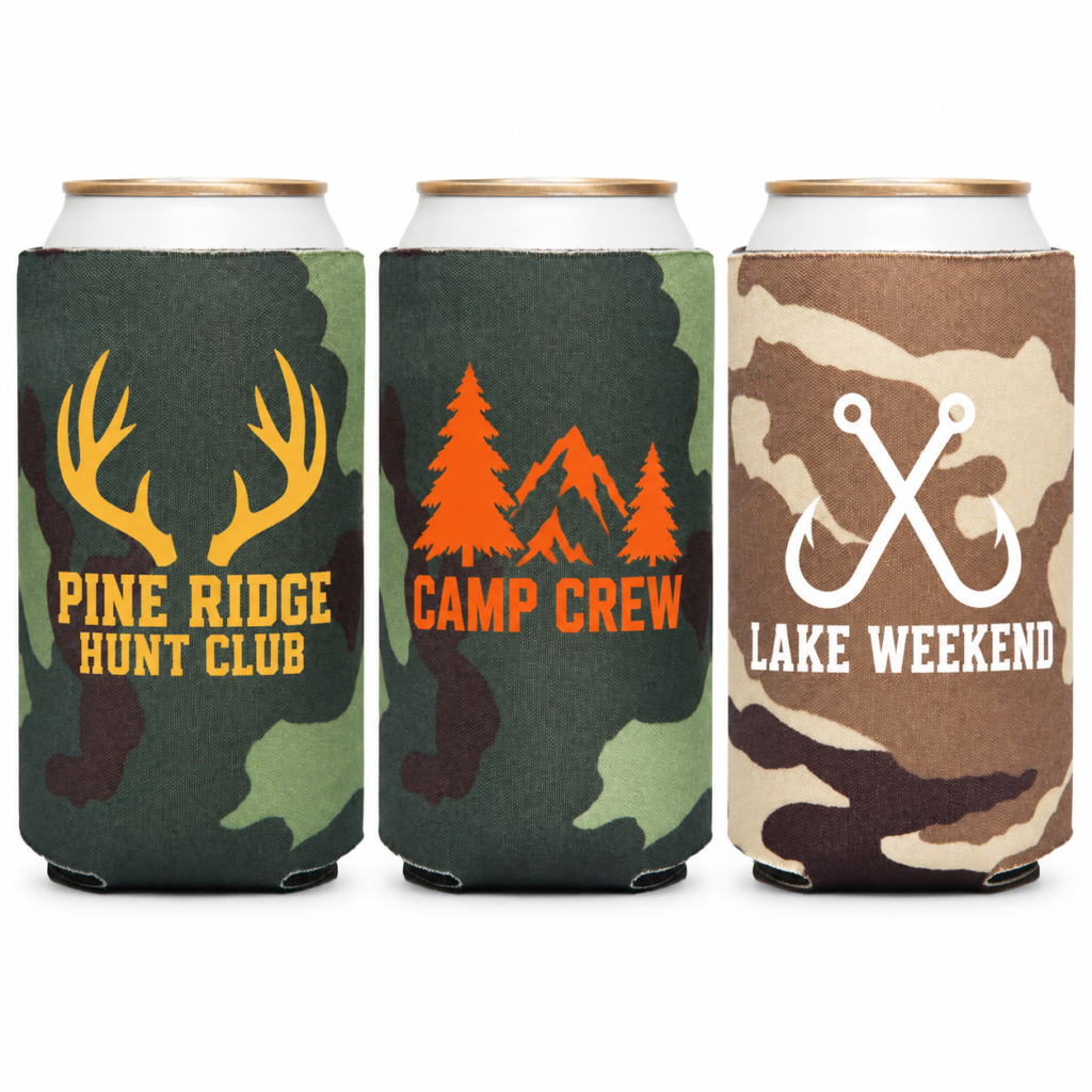 Green camo with yellow and orange artwork, and tan camo with white artwork — sample designs