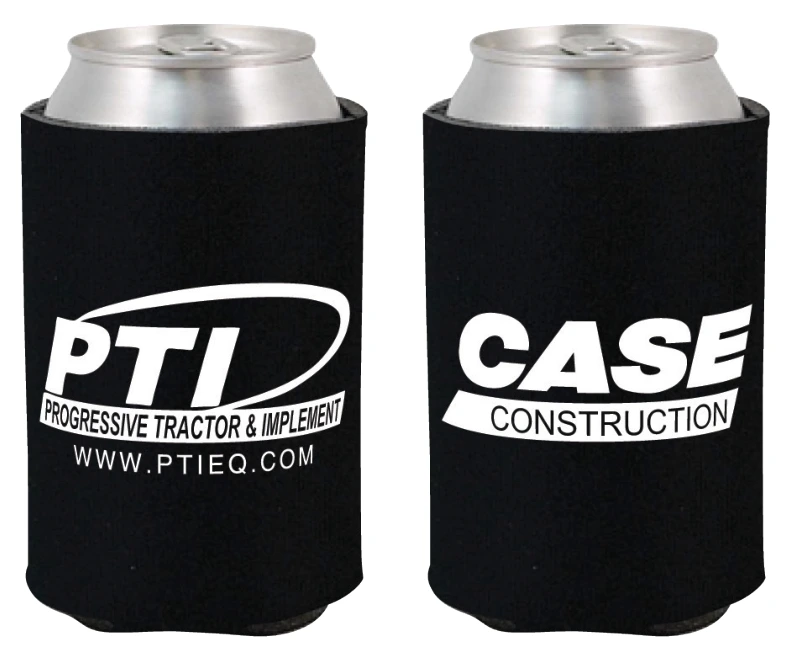Black can coolers with PTI and CASE business logos