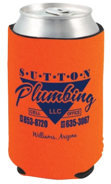 Orange magnetic cooler with Sutton Plumbing artwork