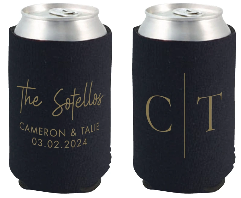 Wedding cooler mockup with metallic-gold names, date and C/T monogram